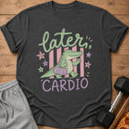 Alligator carrying gym bag with text "Later, Cardio" and stars.