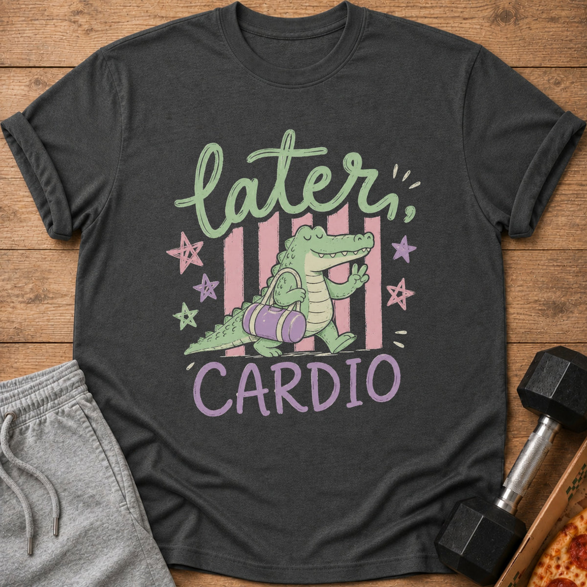 Alligator carrying gym bag with text "Later, Cardio" and stars.
