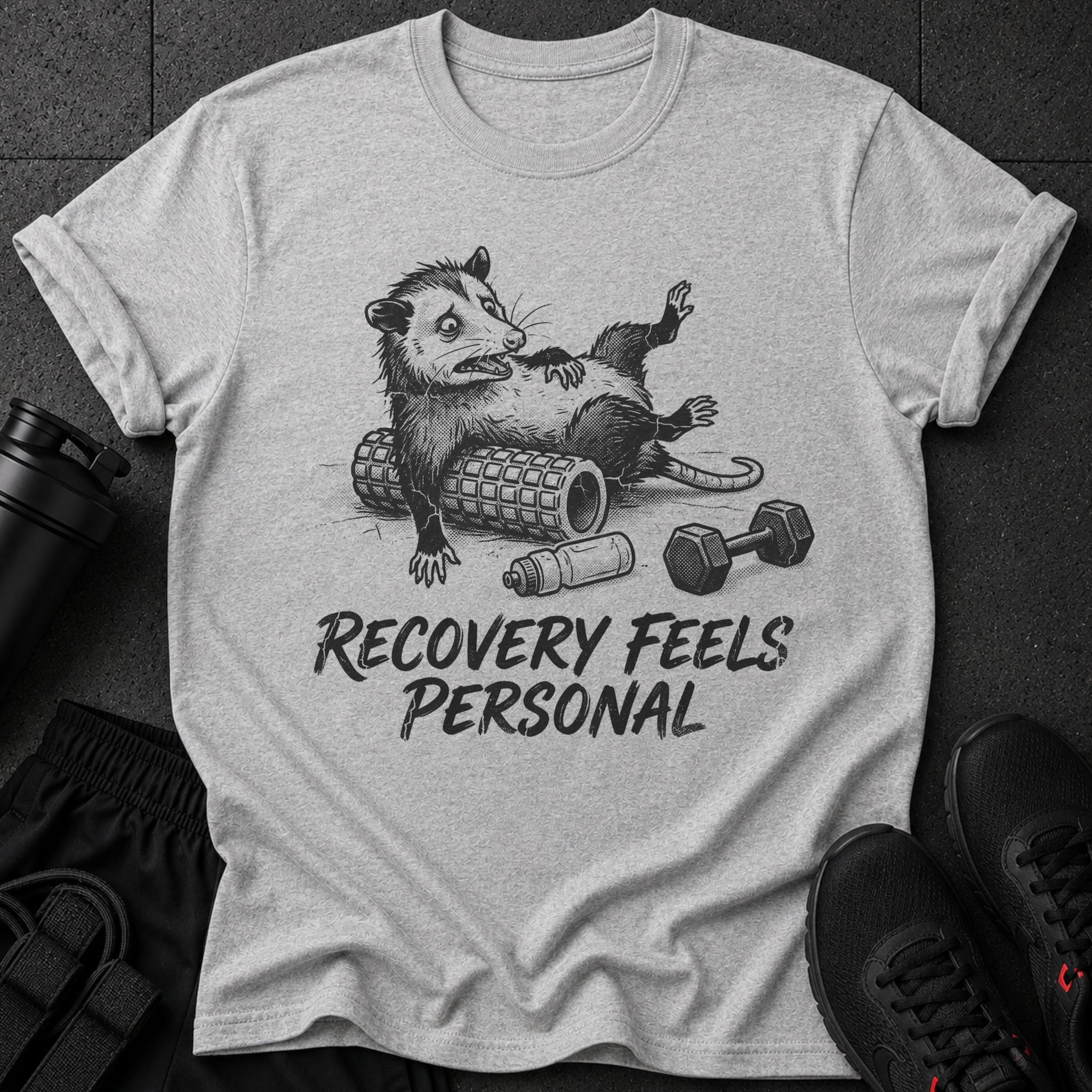 T-shirt with opossum on foam roller and dumbbell, text reads "Recovery Feels Personal".