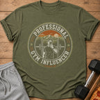 Green t-shirt with "Professional Gym Influencer (Unpaid)" graphic.
