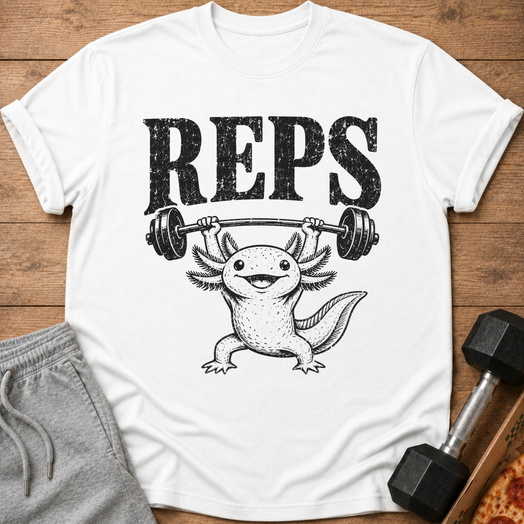 White t-shirt with distressed "REPS" text and an axolotl lifting a barbell.
