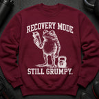 Maroon sweatshirt with distressed print of a grumpy frog holding a shaker and a kettlebell labeled 24.