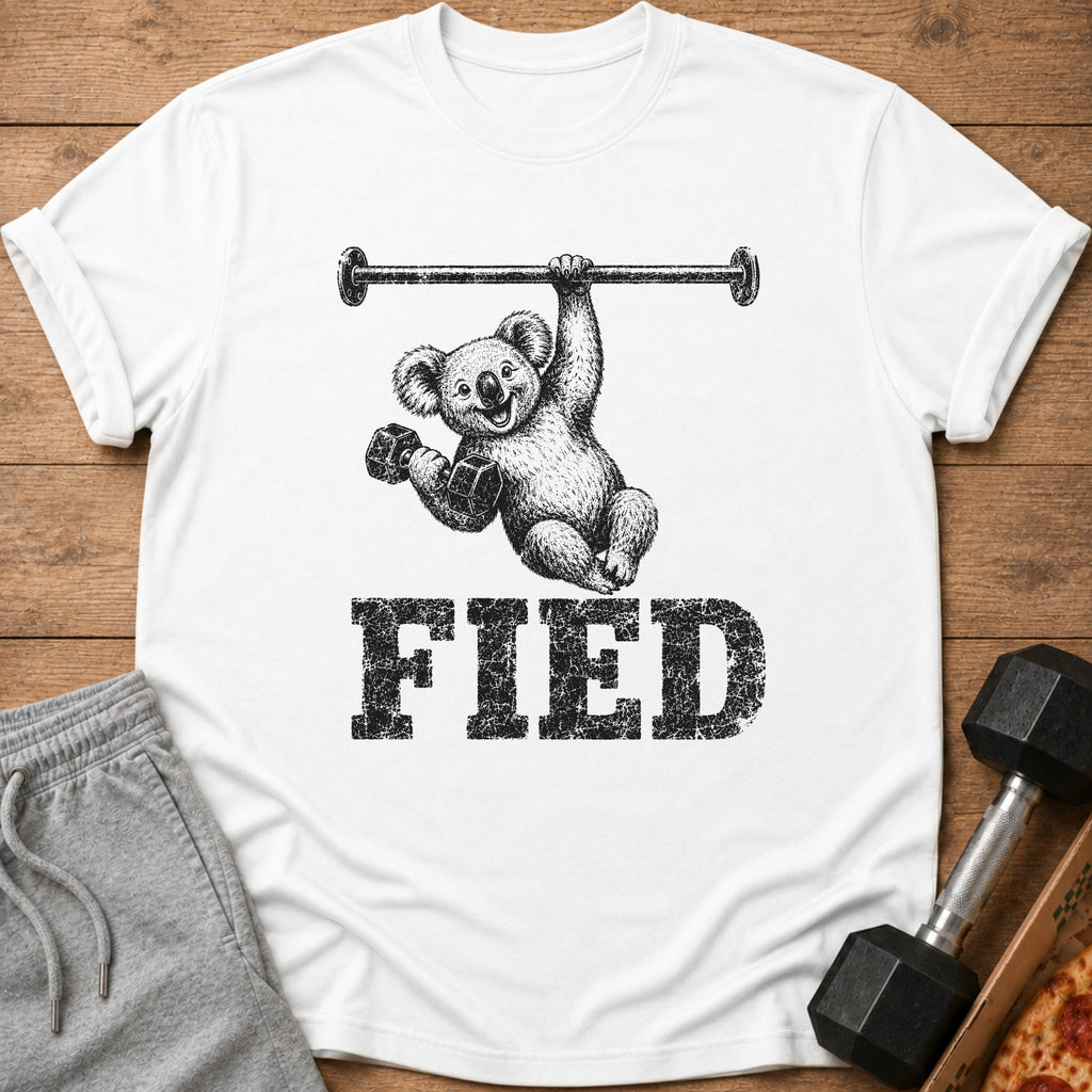 White t-shirt with a drawing of a koala doing pull-ups and holding dumbbells, with the word "FIED".