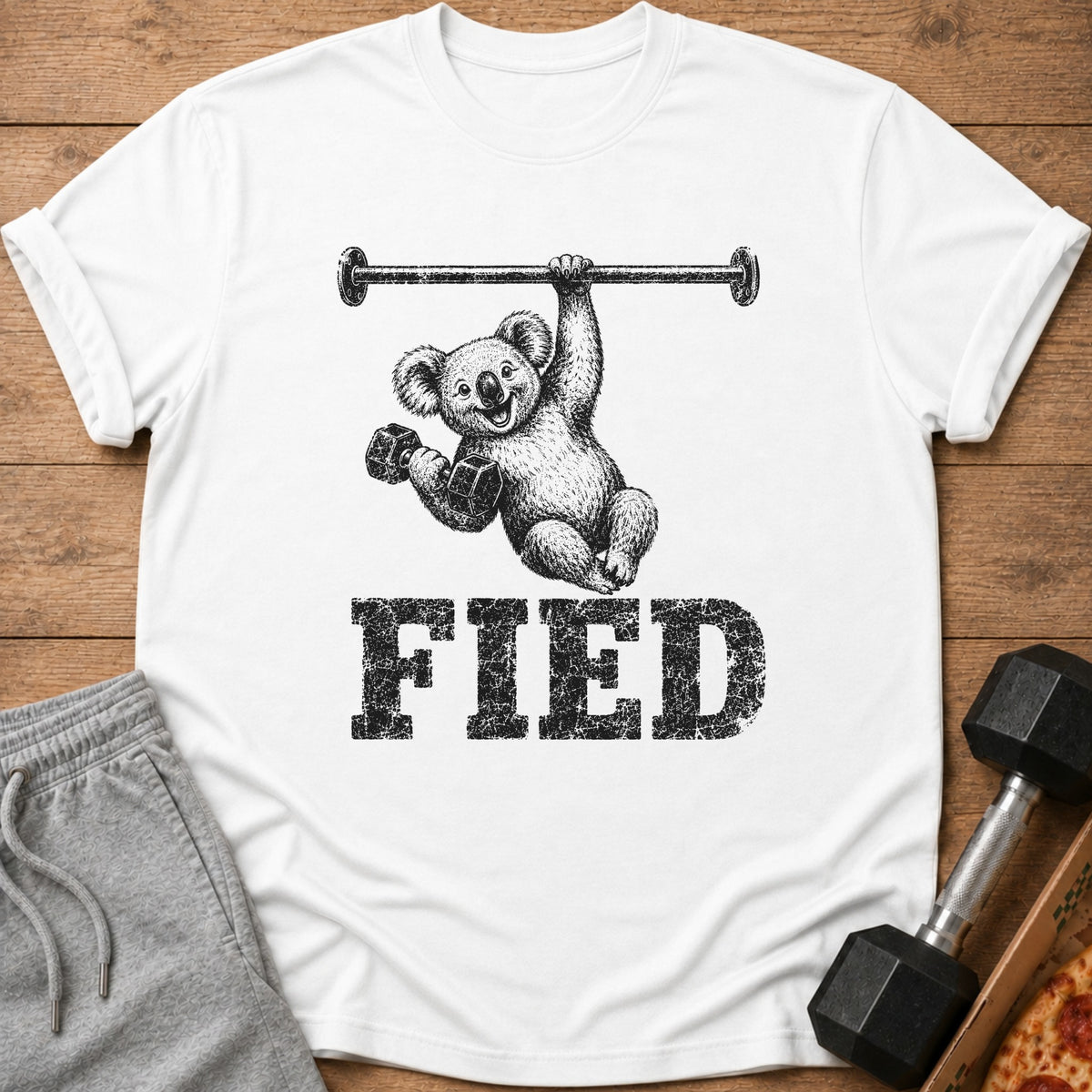 White t-shirt with a drawing of a koala doing pull-ups and holding dumbbells, with the word "FIED".