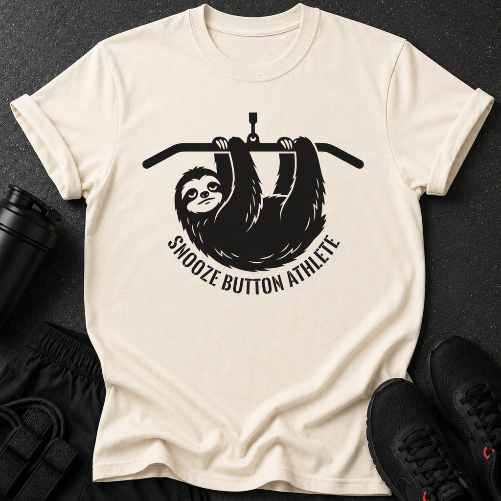 Cream t-shirt with black sloth graphic and text reading "SNOOZE BUTTON ATHLETE".