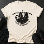 Cream t-shirt with black sloth graphic and text reading "SNOOZE BUTTON ATHLETE".