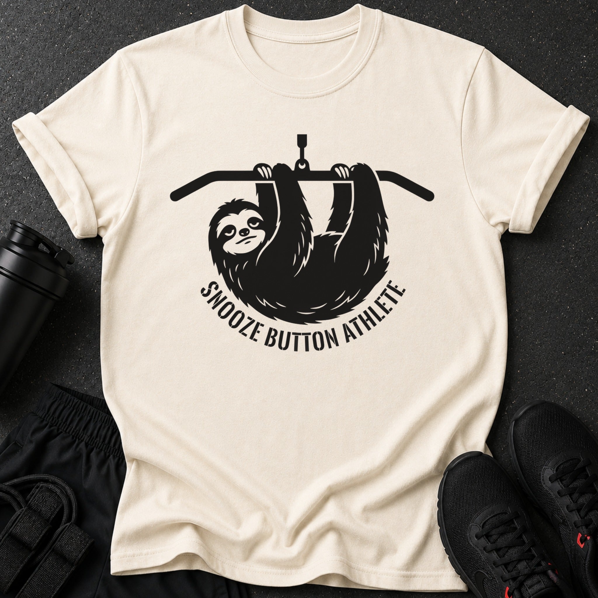 Cream t-shirt with black sloth graphic and text reading "SNOOZE BUTTON ATHLETE".