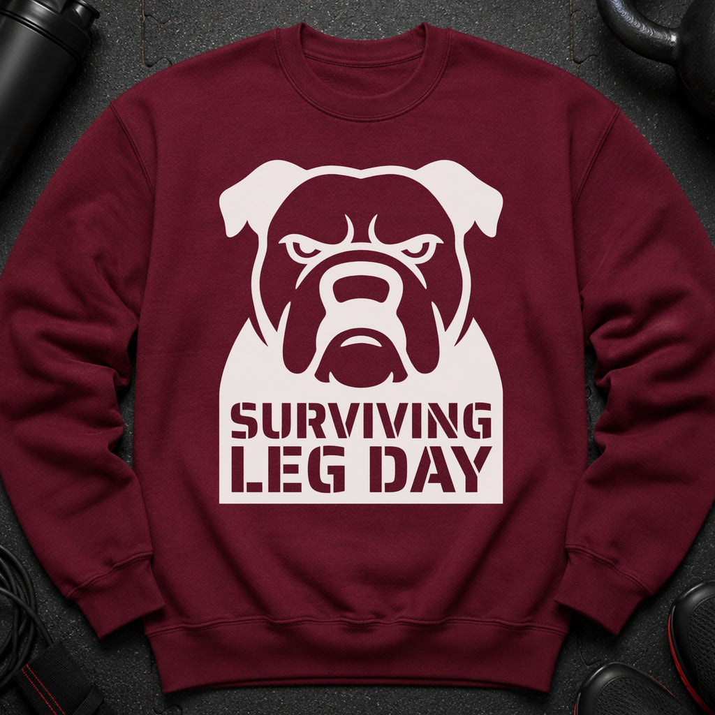 Maroon sweatshirt with white bulldog graphic and text "SURVIVING LEG DAY".