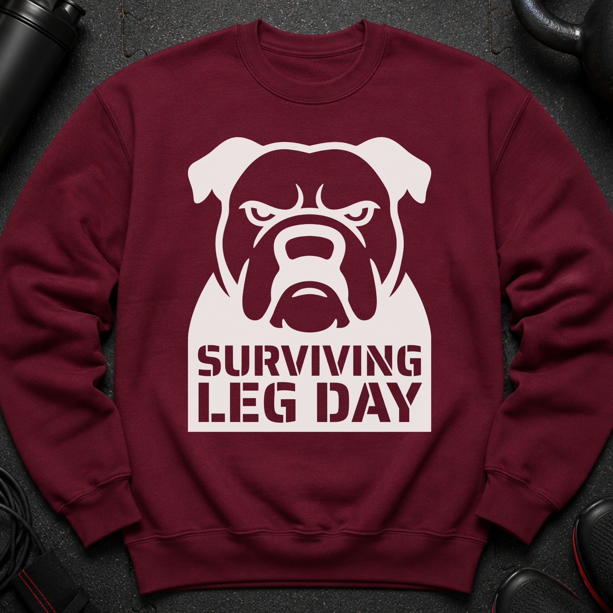 Maroon sweatshirt with white bulldog graphic and text "SURVIVING LEG DAY".