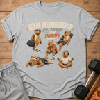 Gray t-shirt with five capybaras in various gym poses and text "Gym Membership Still Cheaper Than Therapy".