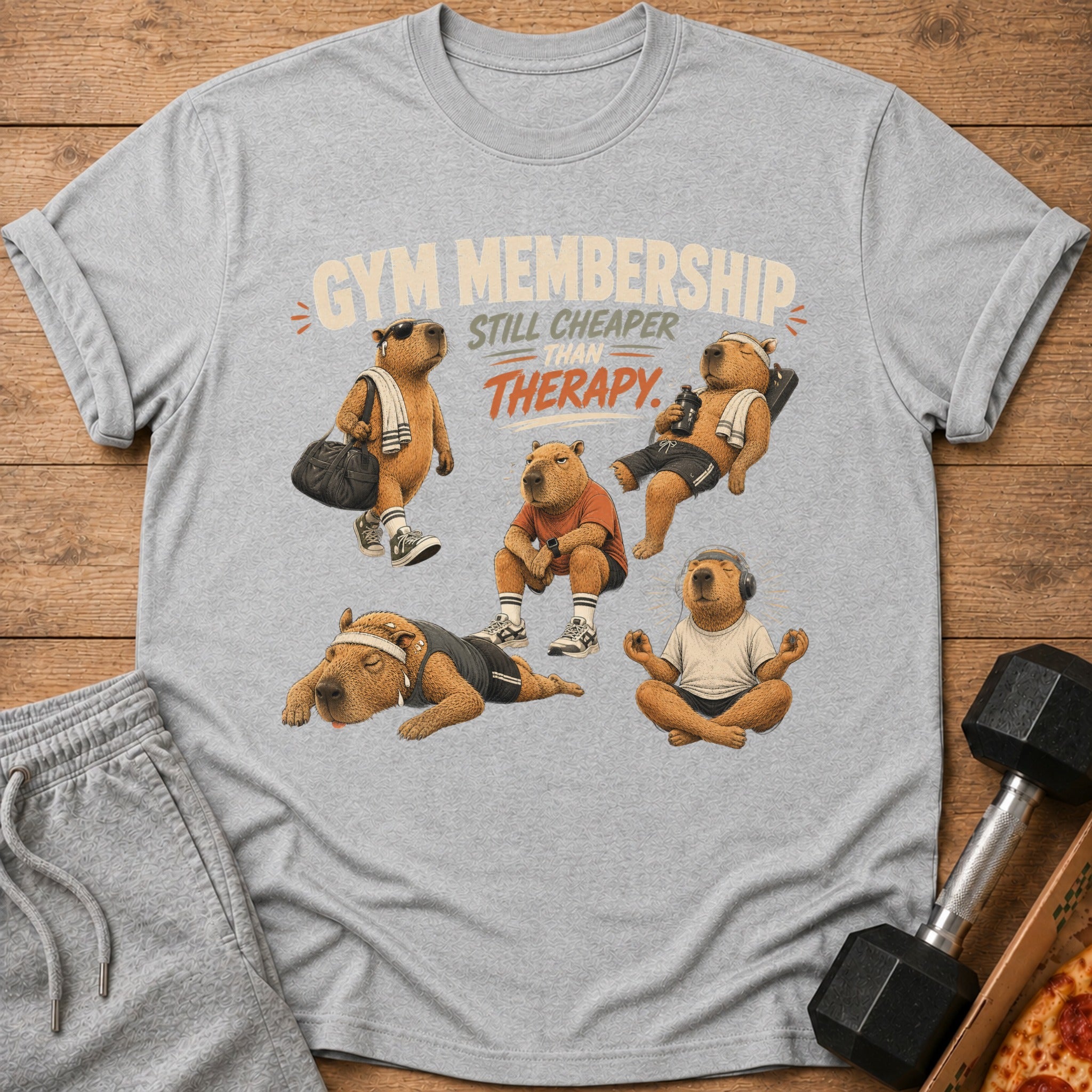 Gray t-shirt with five capybaras in various gym poses and text "Gym Membership Still Cheaper Than Therapy".