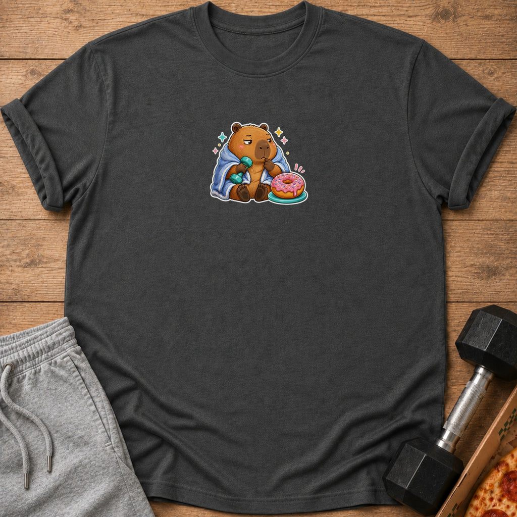 Capybara wrapped in a blanket eating a donut, holding a dumbbell.