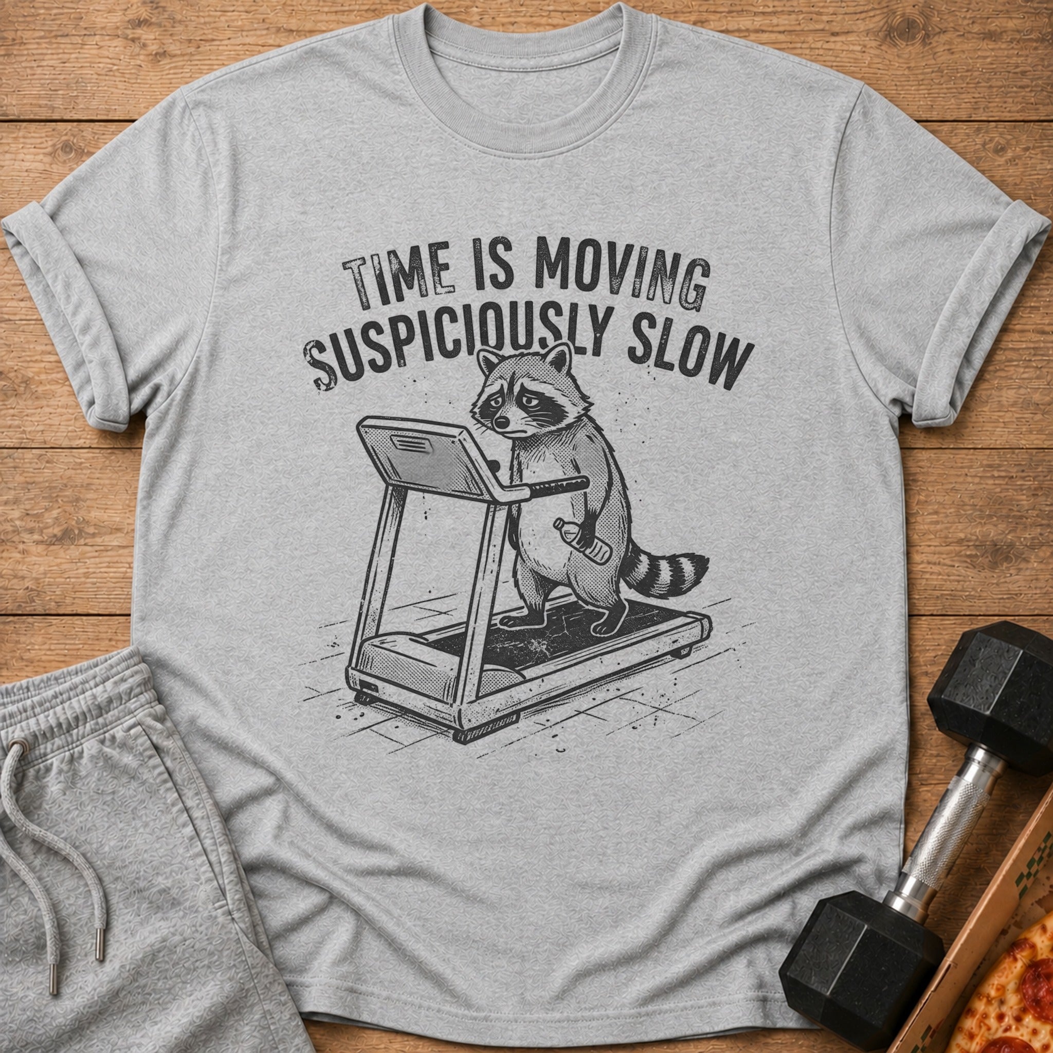 Grey t-shirt with raccoon on treadmill and text "Time is moving suspiciously slow".