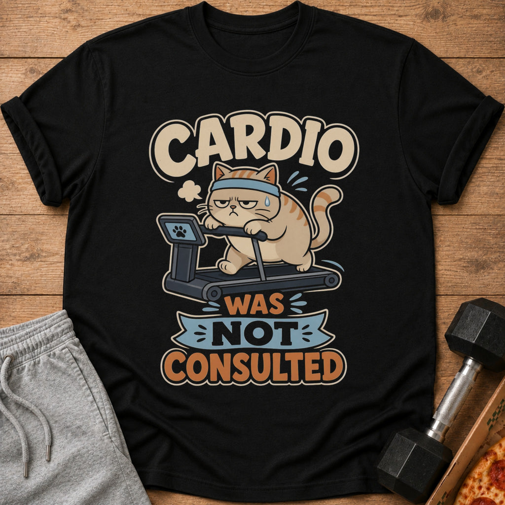 Black t-shirt graphic of a grumpy cat on a treadmill, with text "Cardio Was Not Consulted".