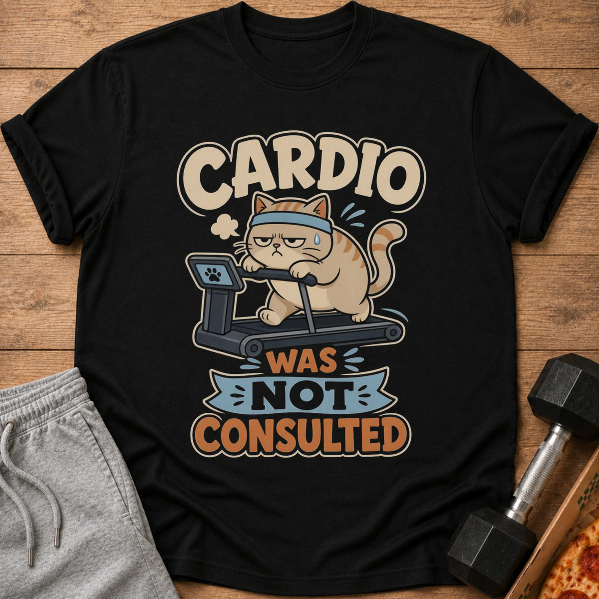 Black t-shirt graphic of a grumpy cat on a treadmill, with text "Cardio Was Not Consulted".