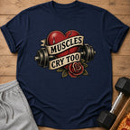 Dark blue t-shirt with a heart, barbell, rose, and text "Muscles Cry Too".