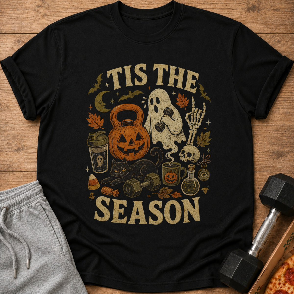 Black t-shirt with Halloween themed workout graphics and "Tis The Season" text.