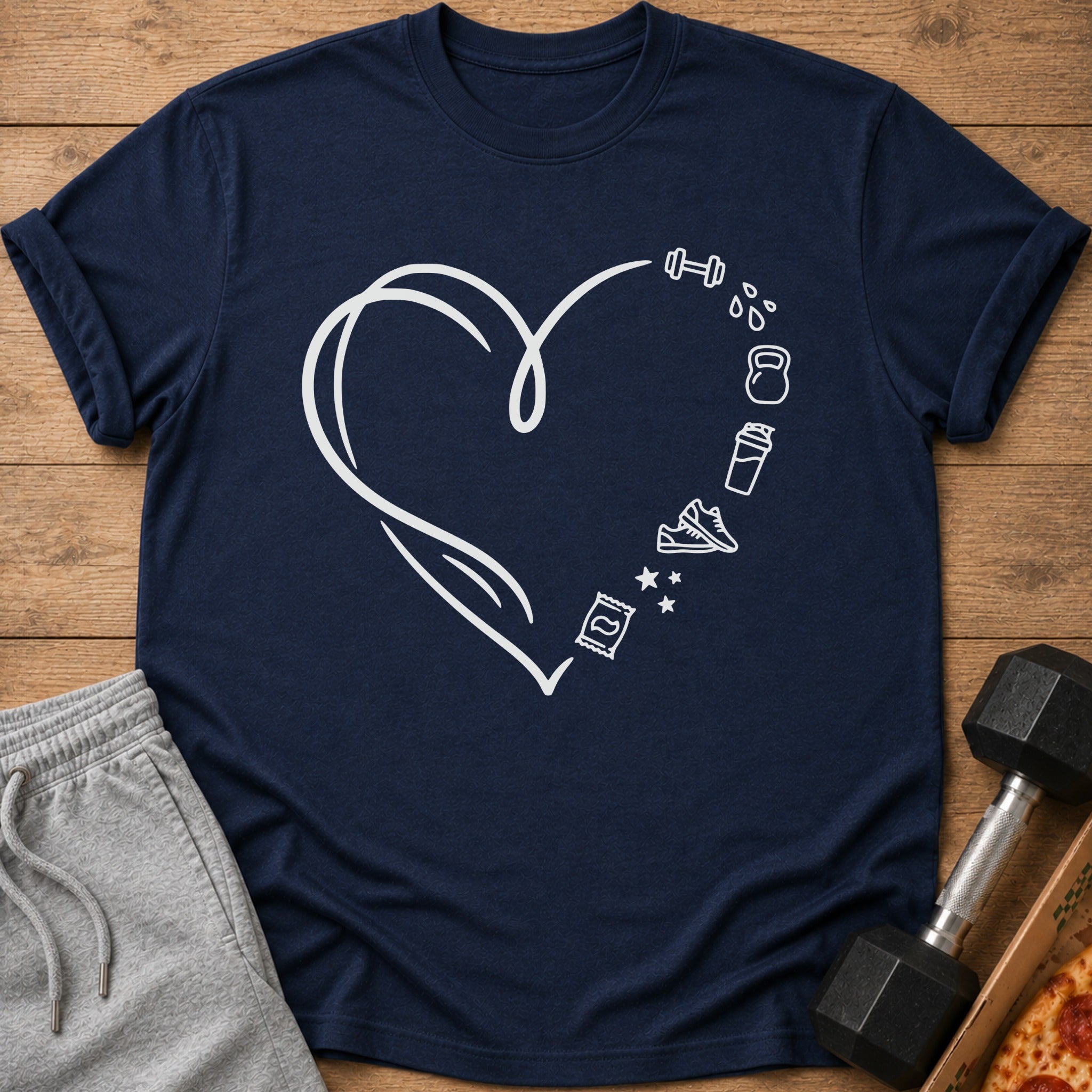 Dark navy t-shirt with white outline of a heart and fitness icons.