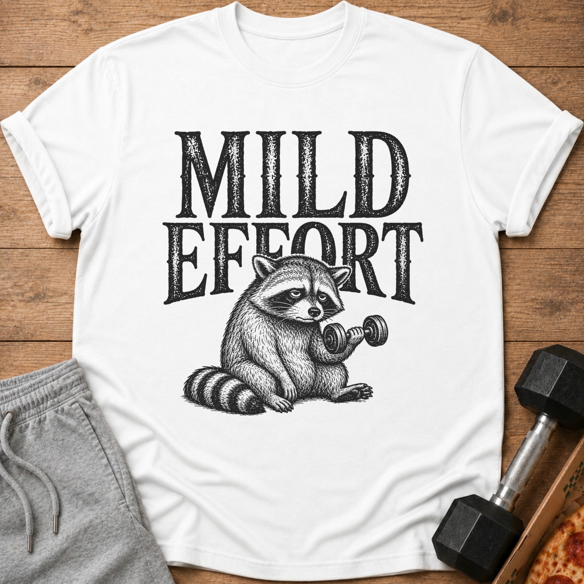 White t-shirt with black text "MILD EFFORT" and a raccoon lifting a dumbbell.