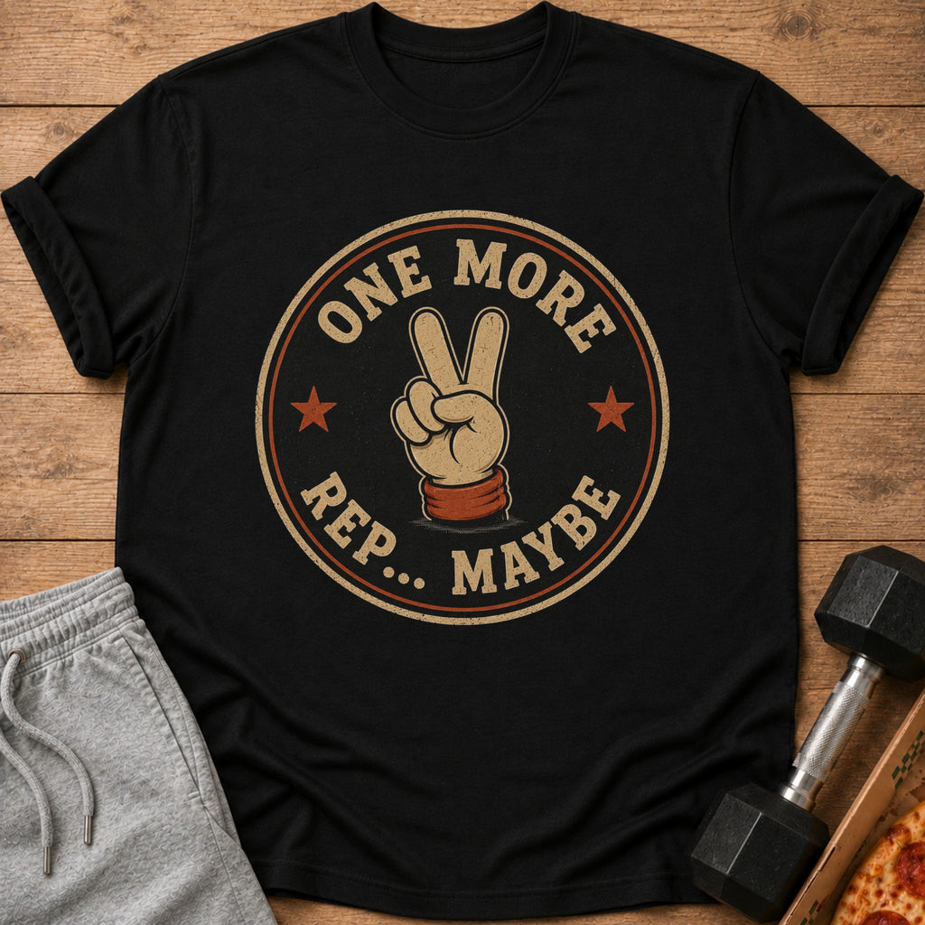 Black t-shirt with "ONE MORE REP.. MAYBE" and a peace sign graphic.