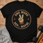 Black t-shirt with "ONE MORE REP.. MAYBE" and a peace sign graphic.