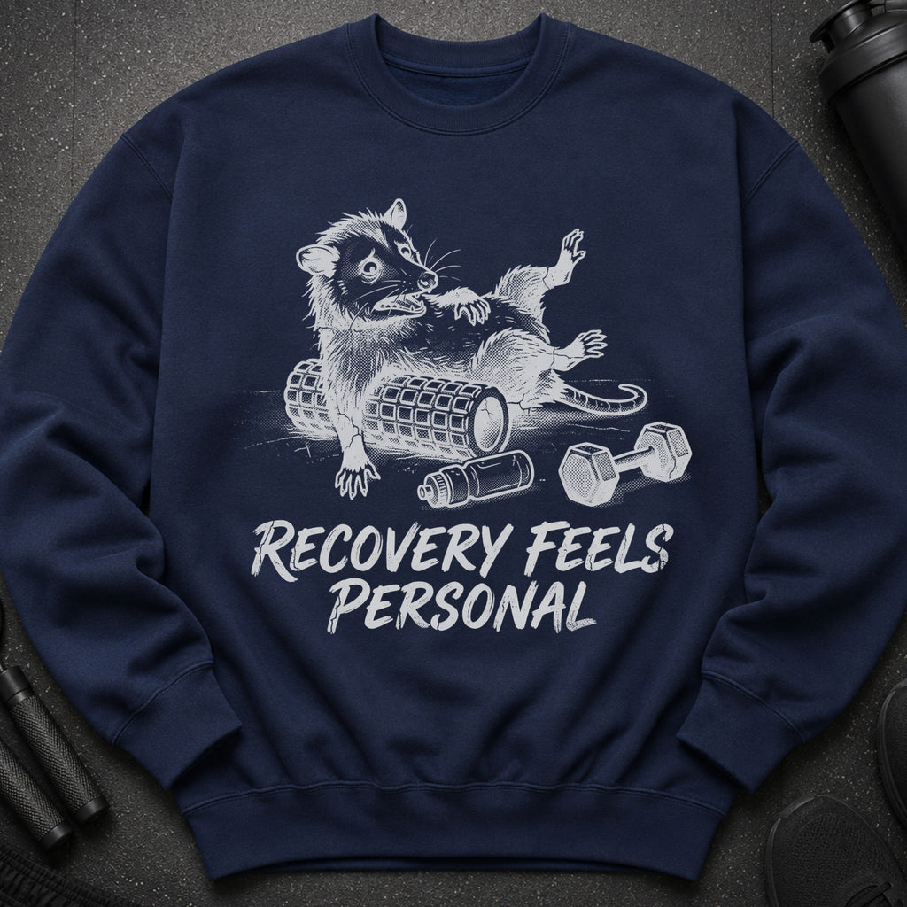 Navy sweatshirt with a raccoon exercising and text "Recovery Feels Personal".