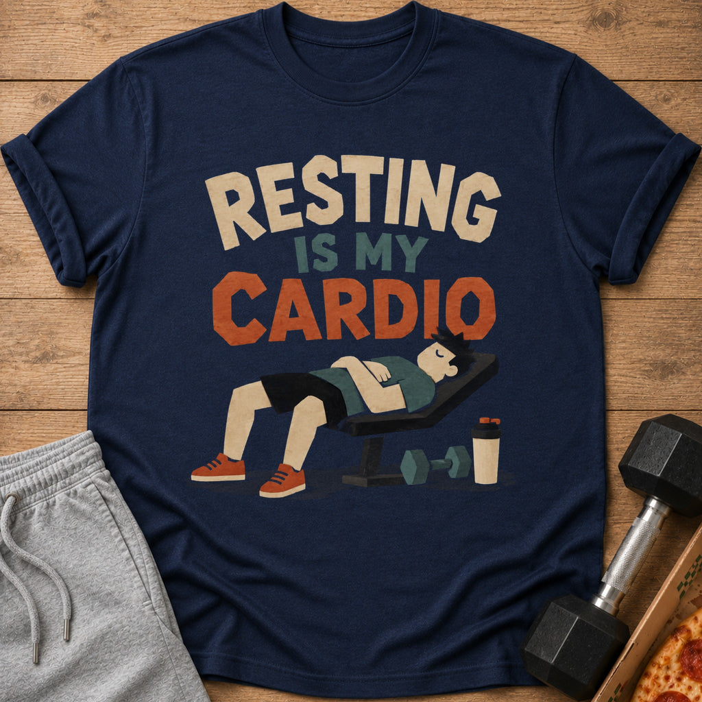 Navy t-shirt with "Resting Is My Cardio" text and illustration of a man resting on a bench.