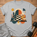 Grey t-shirt with a graphic of a chessboard featuring fitness and relaxation items.