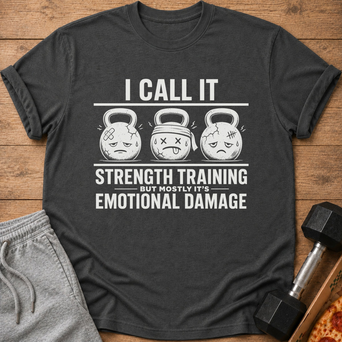 T-shirt with cartoon kettlebells and text: "I call it strength training but mostly it's emotional damage."
