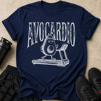 Navy t-shirt with distressed text "AVOCARDIO" and a cartoon avocado running on a treadmill.