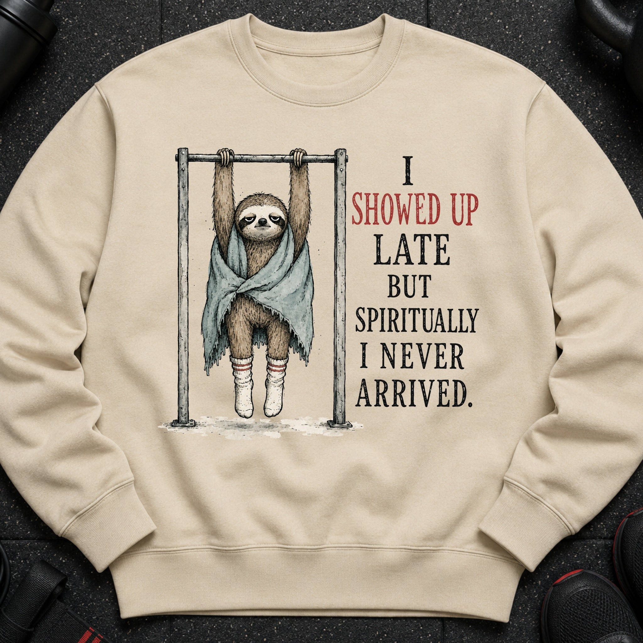 Crewneck sweatshirt with a sloth hanging from a pull-up bar, text says "I showed up late but spiritually I never arrived."