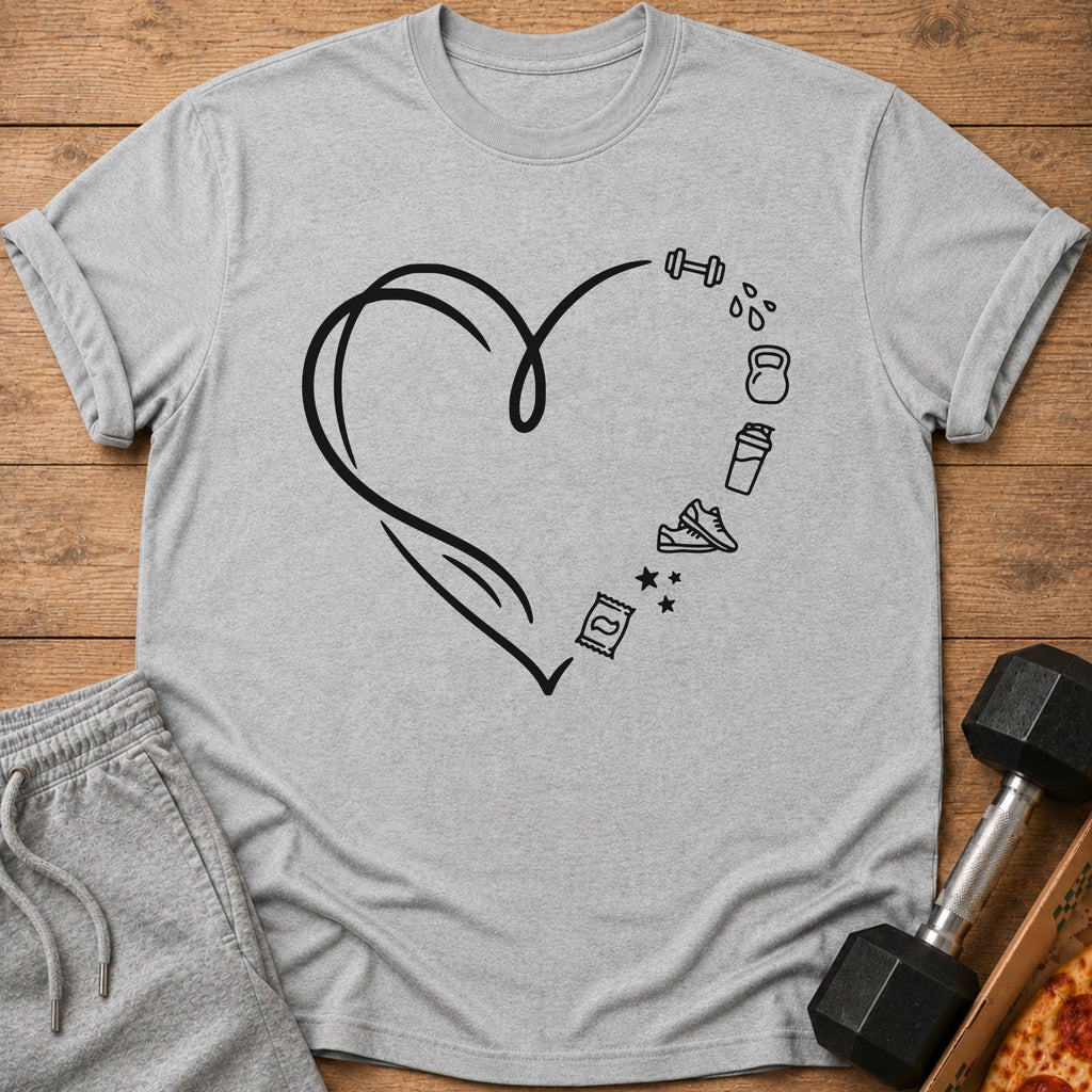 Gray t-shirt with black line art of a heart, dumbbell, kettlebell, shaker, and sneakers.