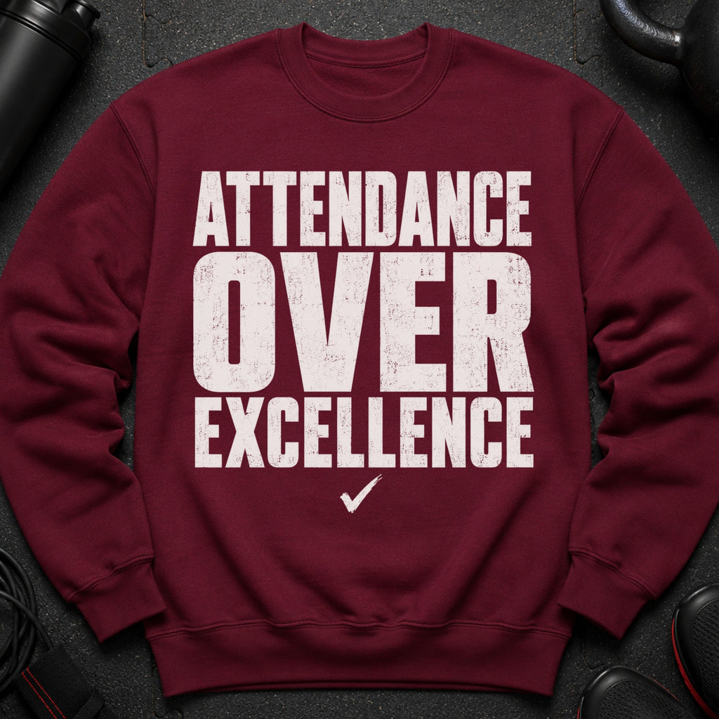 Maroon sweatshirt with white distressed text "ATTENDANCE OVER EXCELLENCE" and a checkmark.