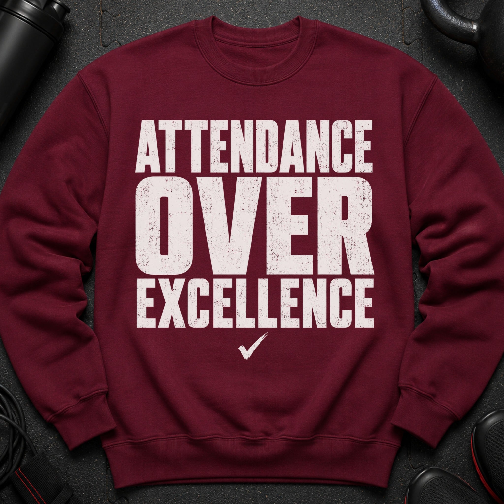 Maroon sweatshirt with white distressed text "ATTENDANCE OVER EXCELLENCE" and a checkmark.