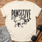 Cream t-shirt with black graphic of dog holding dumbbell, text "PAWSITIVE."
