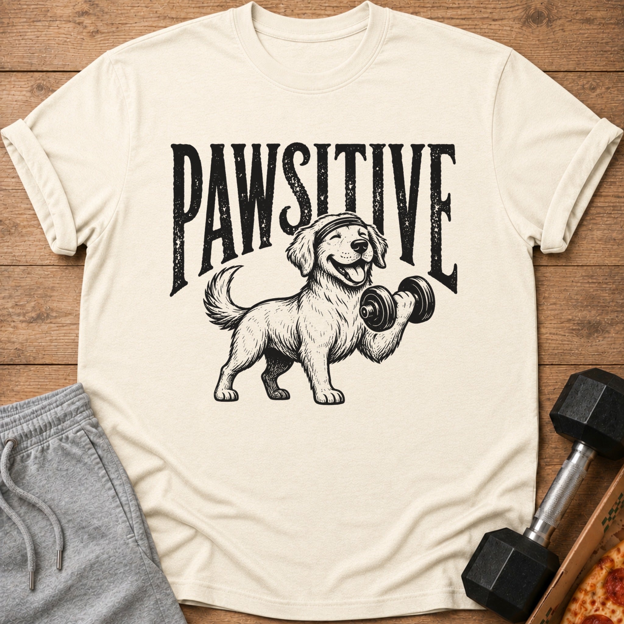 Cream t-shirt with black graphic of dog holding dumbbell, text "PAWSITIVE."