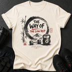 T-shirt with "The Way of The Low Rep" text, kettlebell, dumbbell, and bamboo.