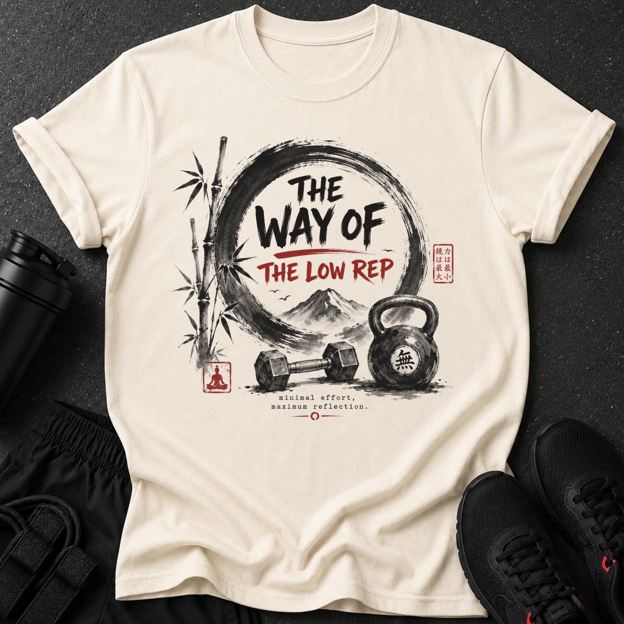 T-shirt with "The Way of The Low Rep" text, kettlebell, dumbbell, and bamboo.