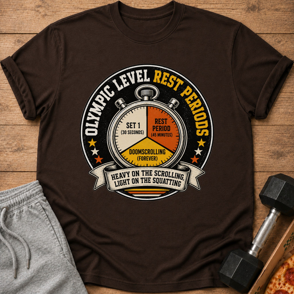 Brown t-shirt with "Olympic Level Rest Periods" design featuring a stopwatch and humorous fitness text.