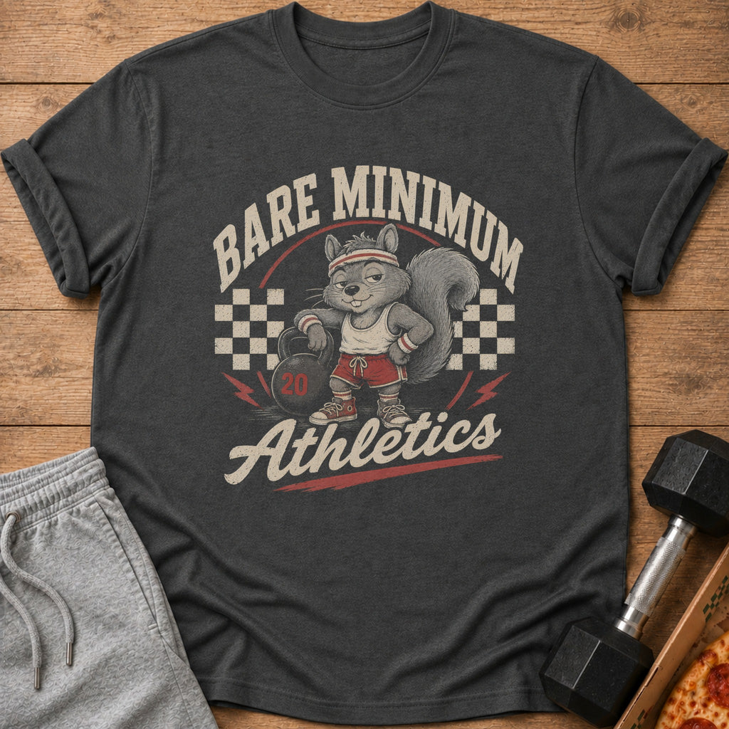 T-shirt graphic of a cartoon squirrel holding a 20 lb kettlebell, "Bare Minimum Athletics".