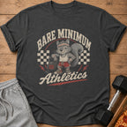 T-shirt graphic of a cartoon squirrel holding a 20 lb kettlebell, "Bare Minimum Athletics".