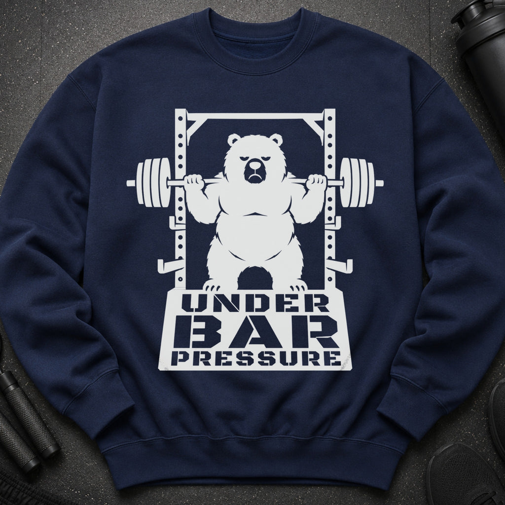 Navy sweatshirt with white graphic of a bear lifting a barbell under the text "UNDER BAR PRESSURE".