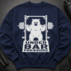 Navy sweatshirt with white graphic of a bear lifting a barbell under the text "UNDER BAR PRESSURE".