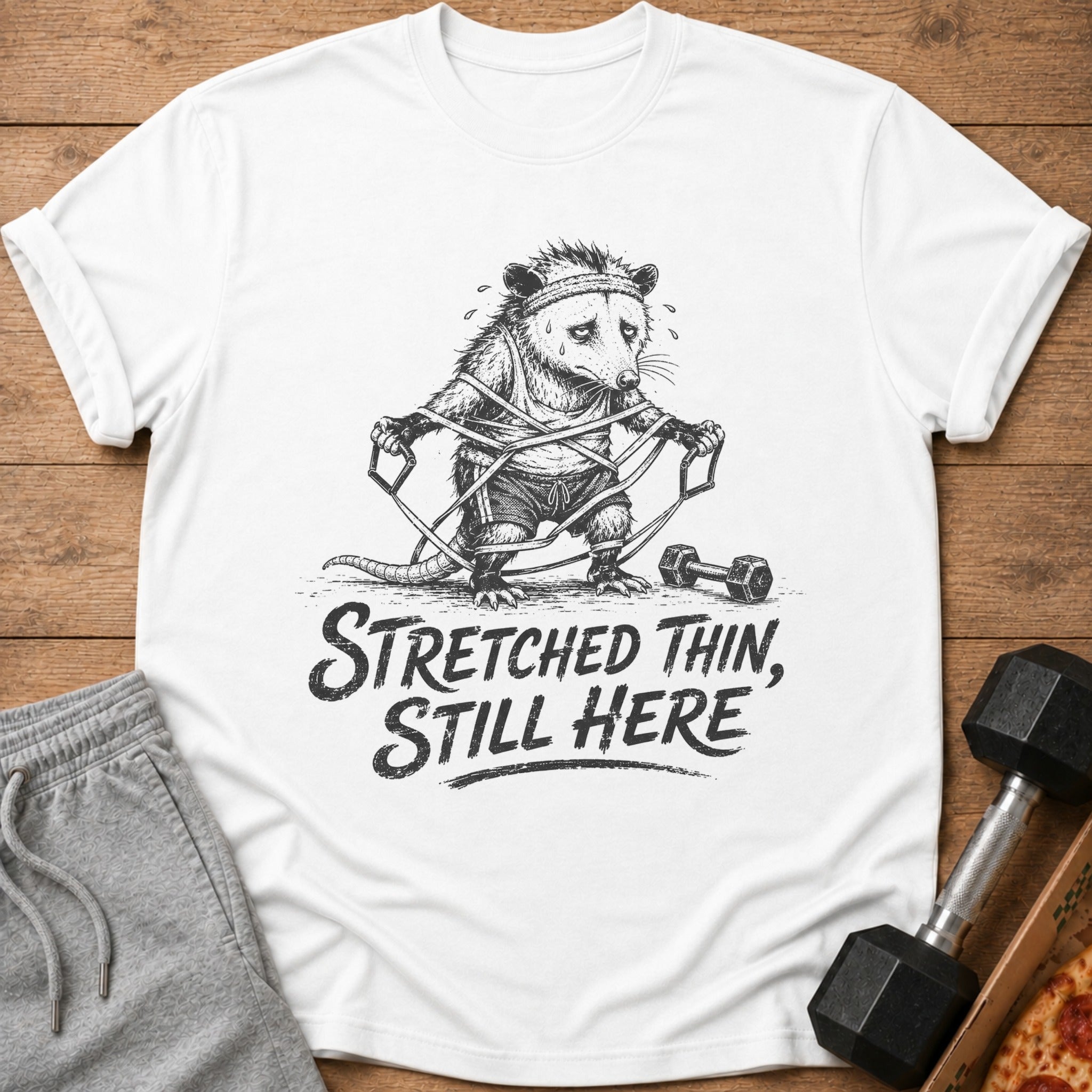 White t-shirt with a distressed graphic of a possum tangled in resistance bands, saying "Stretched Thin, Still Here."