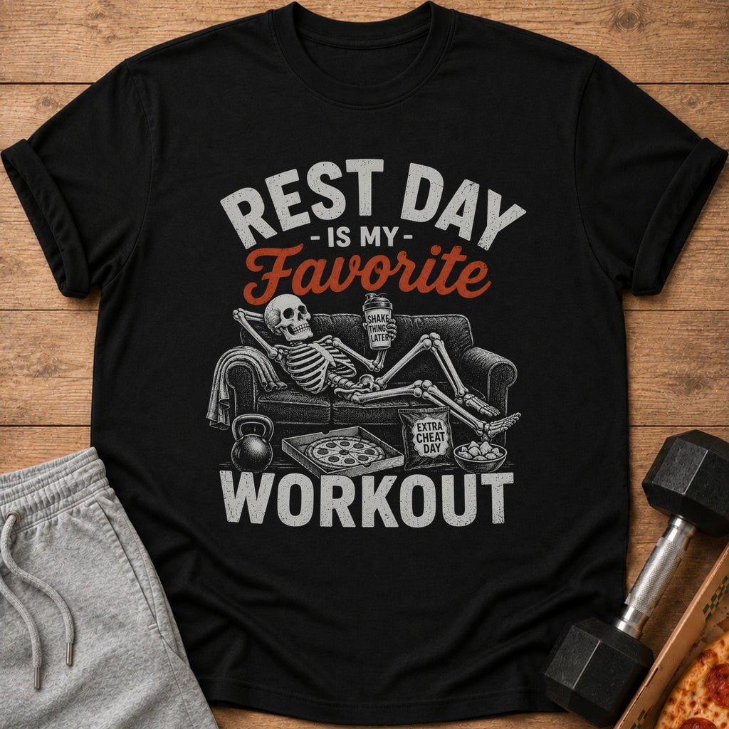 Black t-shirt with skeleton relaxing on couch, text "Rest Day is my favorite workout".