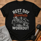 Black t-shirt with skeleton relaxing on couch, text "Rest Day is my favorite workout".