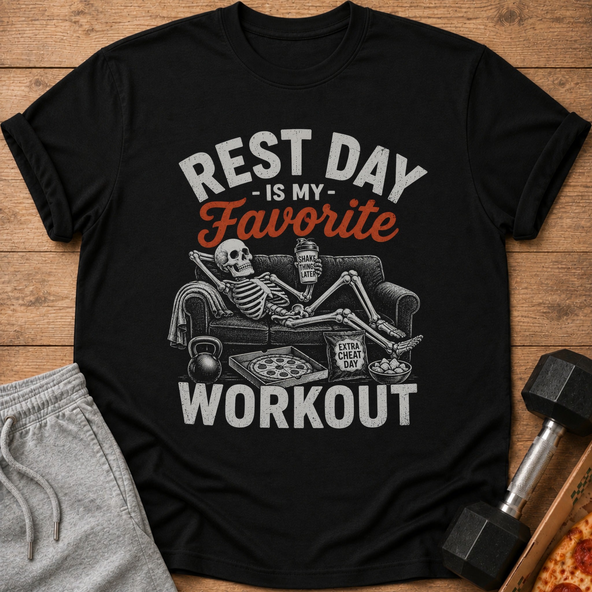 Black t-shirt with skeleton relaxing on couch, text "Rest Day is my favorite workout".