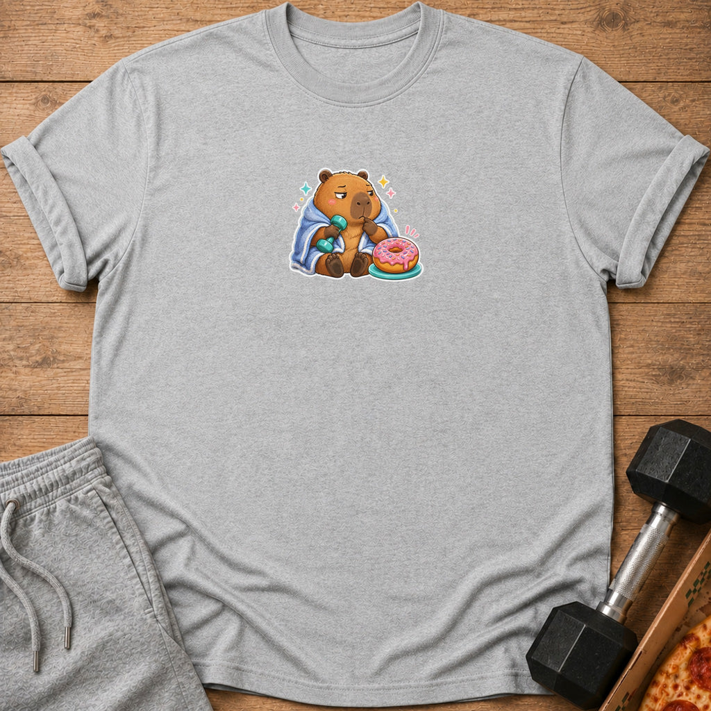 Gray t-shirt with a cartoon capybara holding a dumbbell and a donut.