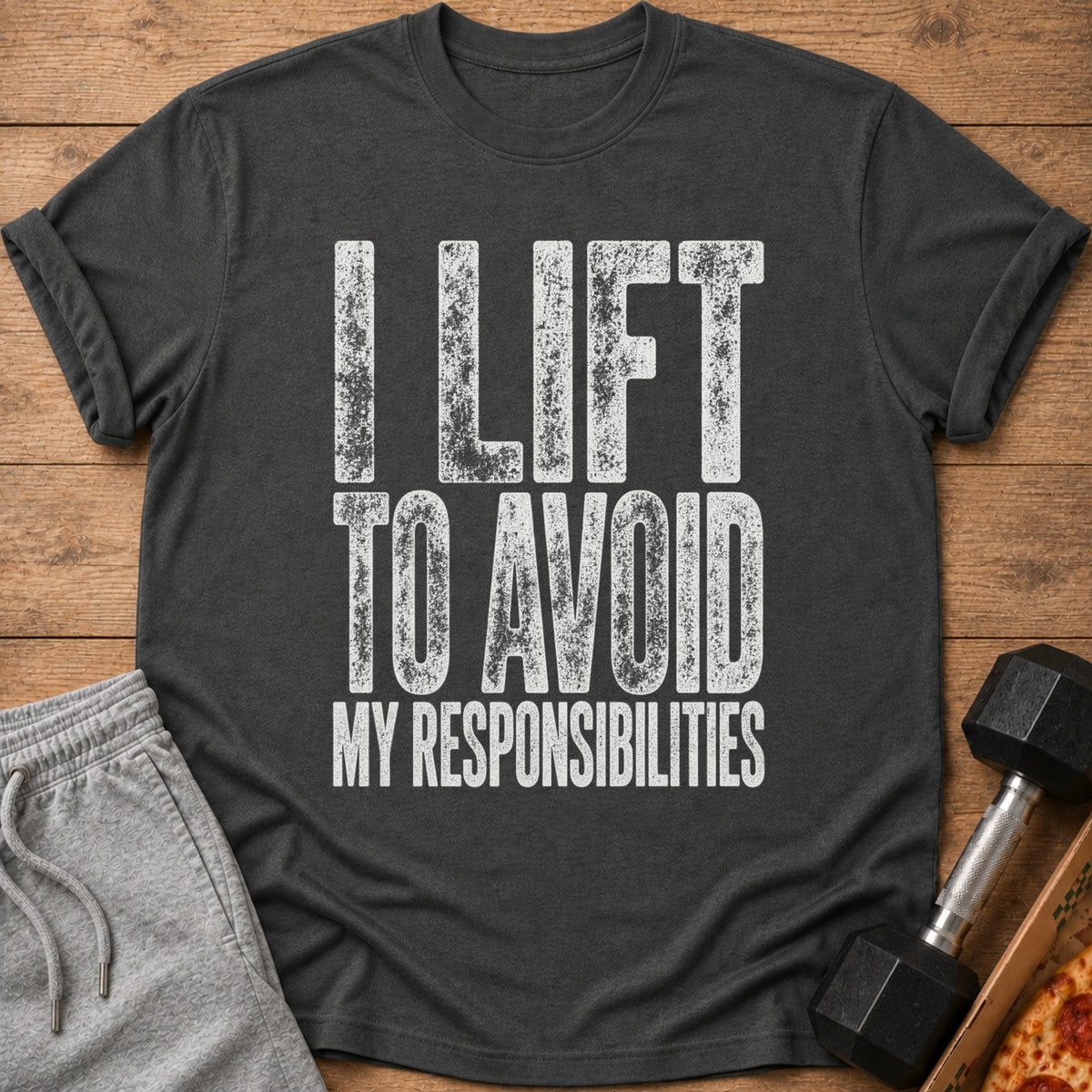 Dark grey t-shirt with white distressed text "I LIFT TO AVOID MY RESPONSIBILITIES".