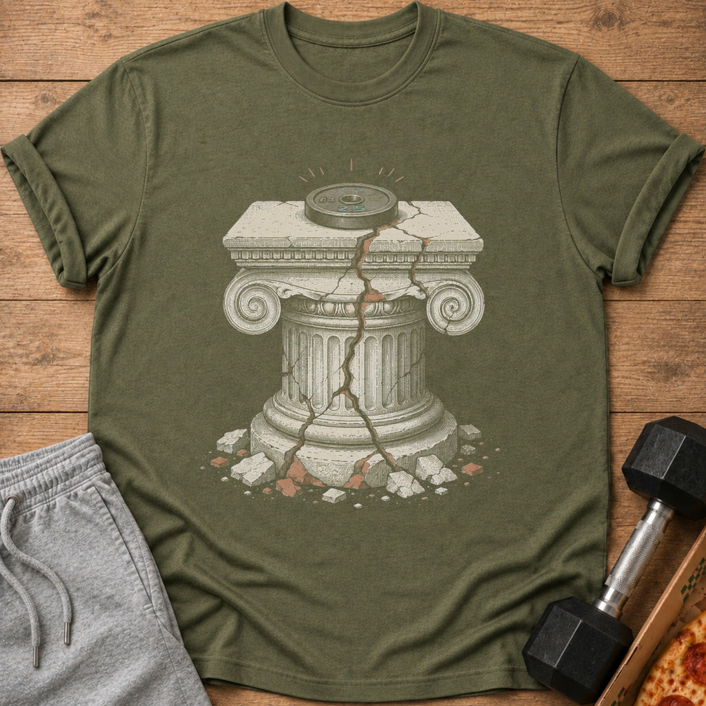 Cracked classical column with weight plate on top, pizza and dumbbell nearby.